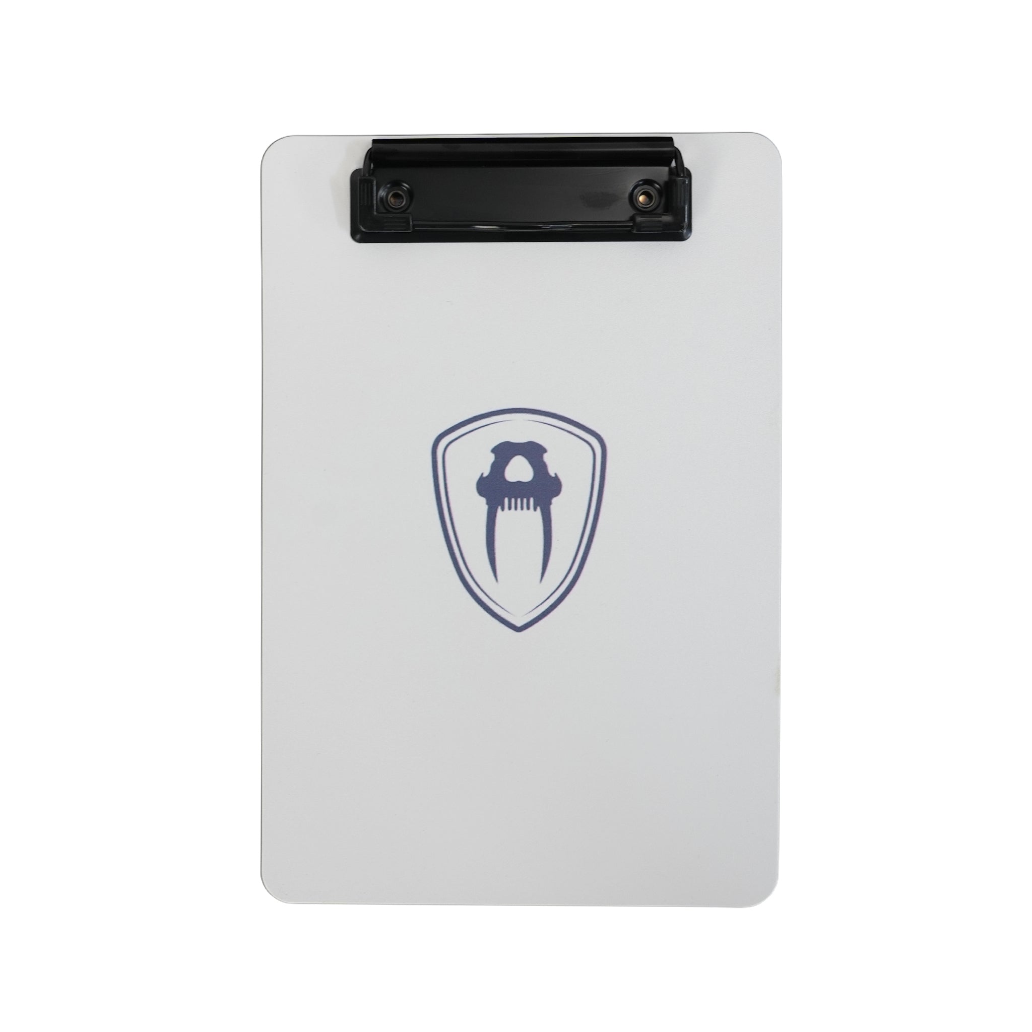 A white clipboard with a black top clip and a dark blue shield logo on the front, shown against a plain white background.
