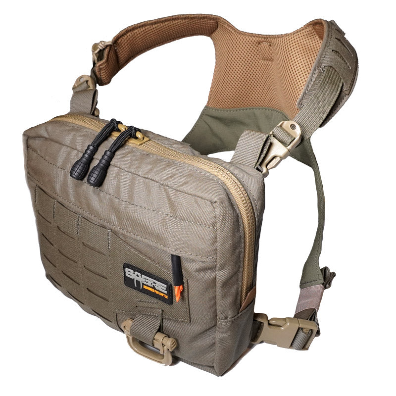 A ranger green Pathfinder chest rig with multiple pockets and straps, designed for hunting and carrying essential gear.
