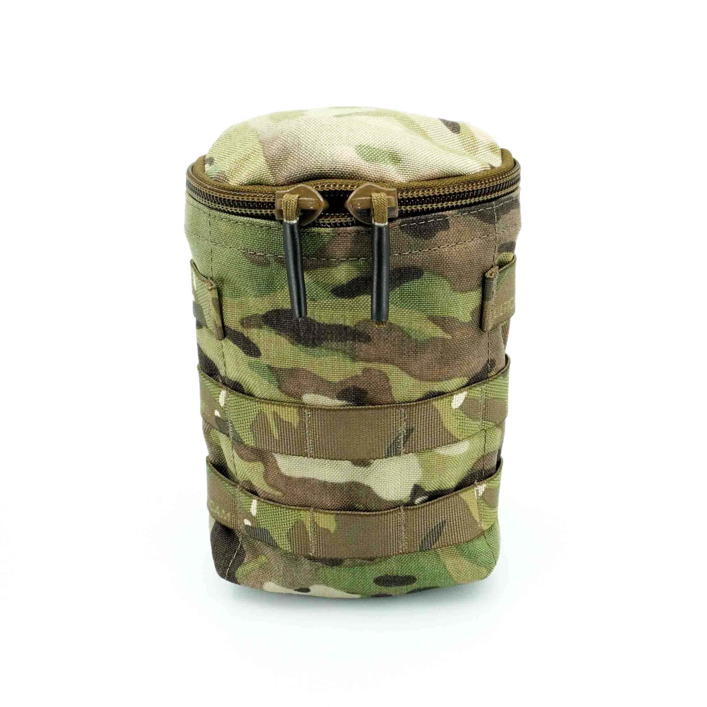 A camouflage GP Zip Pouch with a zipper and molle system, big enough to hold a USGI 1 litre water bottle.
