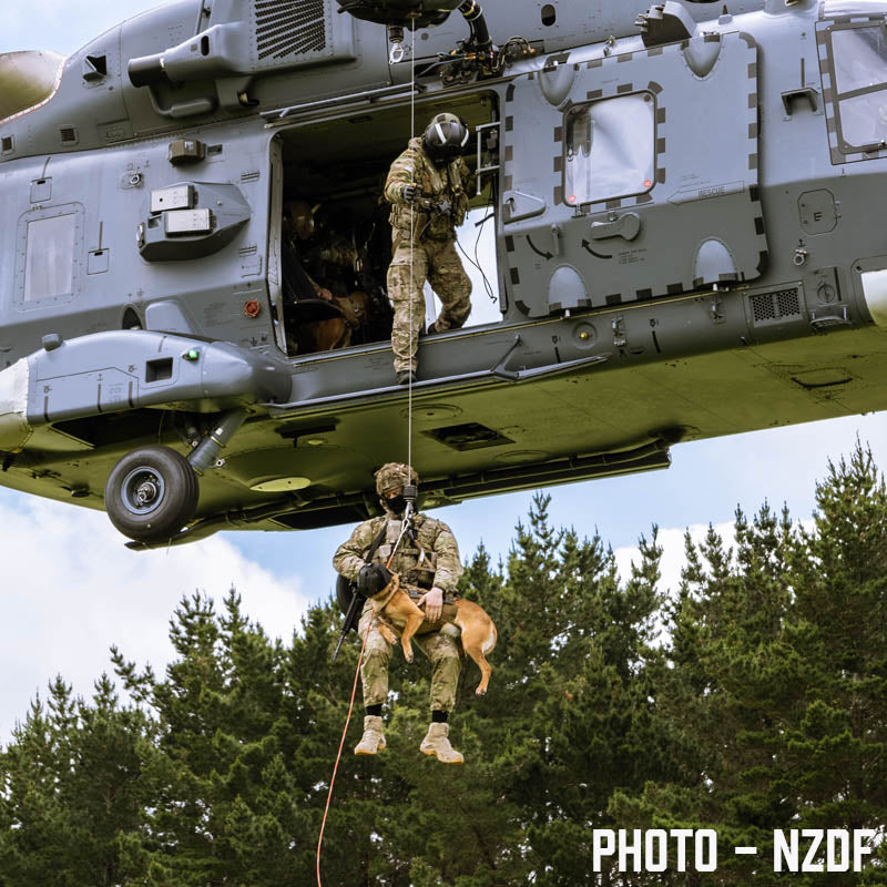 K9 Military dog wearing tactical harness, being hoisted into helicopter, along with it's Military handler.