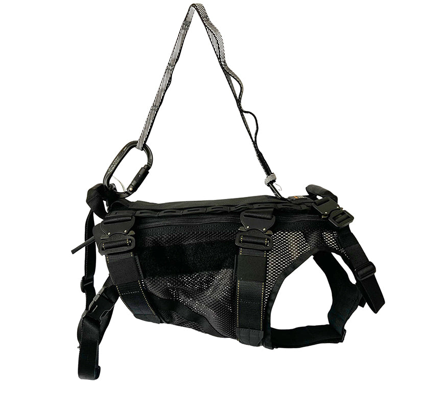 A black K9 harness lifting system with attachment points, designed for use with tactical and military harnesses for dogs.