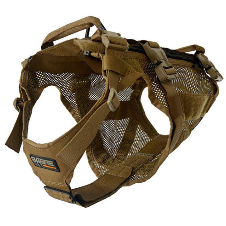 A full-body K9 harness designed for medium to large working dogs, adaptable for various mission requirements. Coyote brown colour.